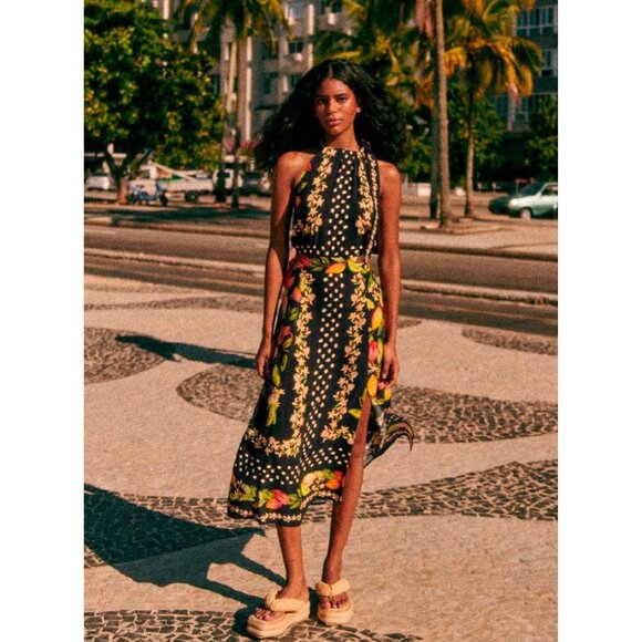 Sezane Farm Rio black yellow jupe tabata paraiso de cacau skirt 38 US6waist30